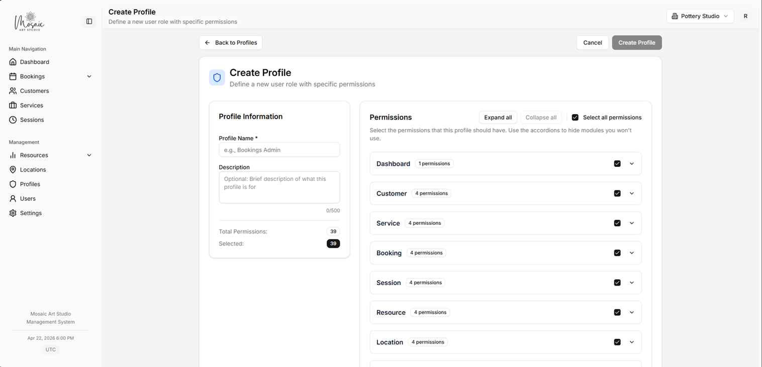 Profile creation form showing permission checkboxes by module